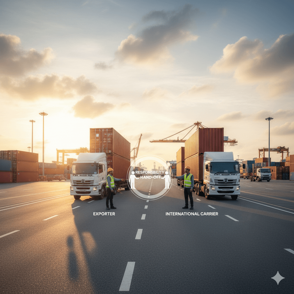 Exporter handing over cleared cargo to logistics carrier under FCA terms.