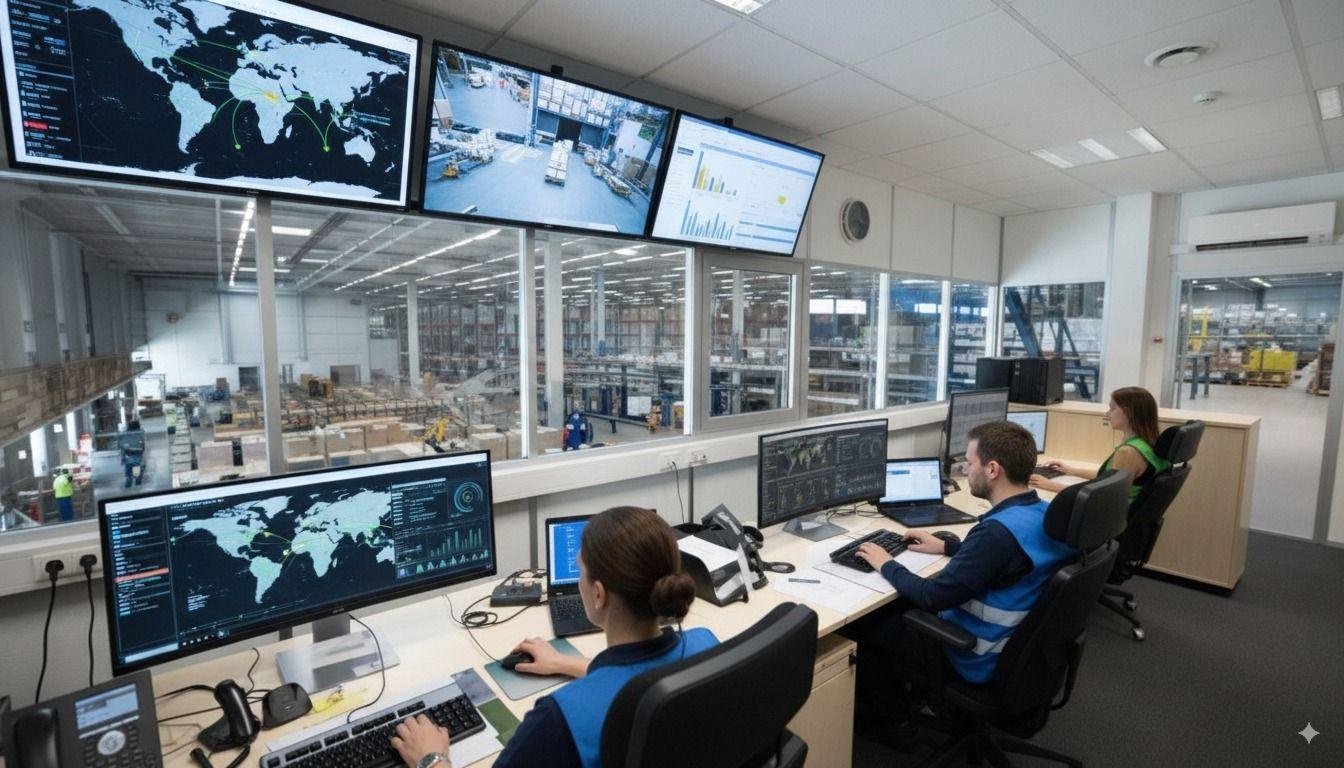 High-tech logistics automation center for cross-border e-commerce shipping management.