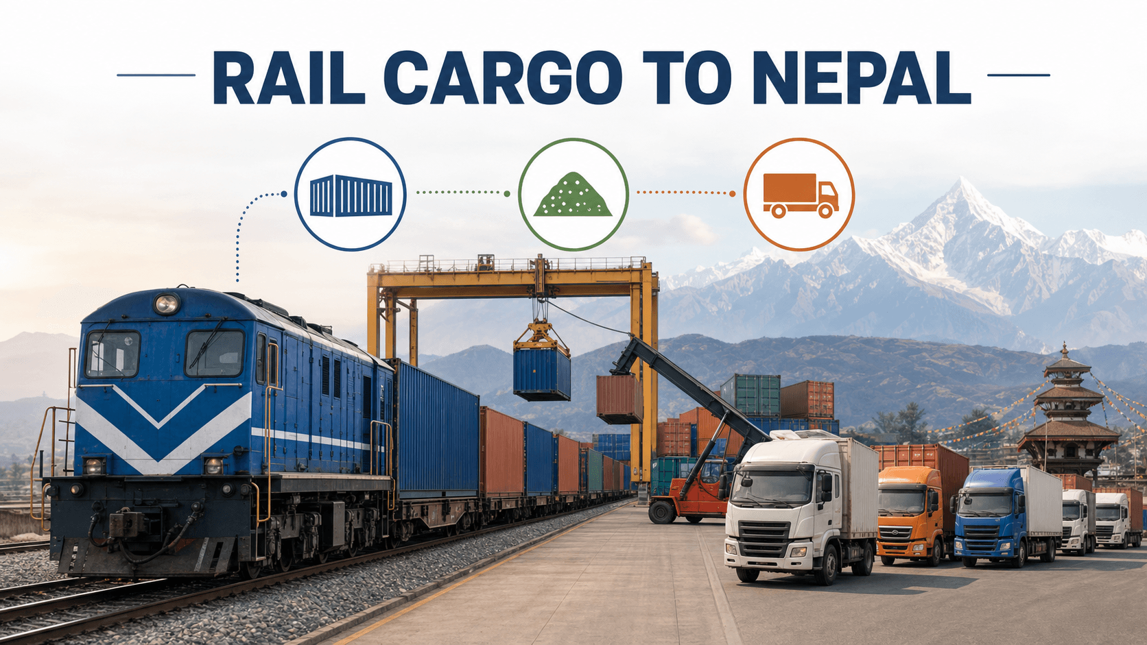 Container cargo train arriving at an inland terminal with trucks for Nepal delivery