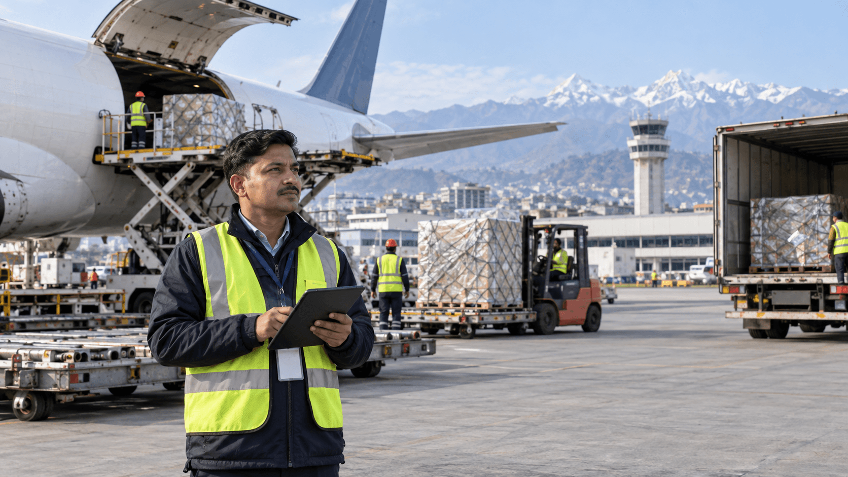 Nepal air freight coordinator supervising aircraft loading airport handling and delivery vehicles