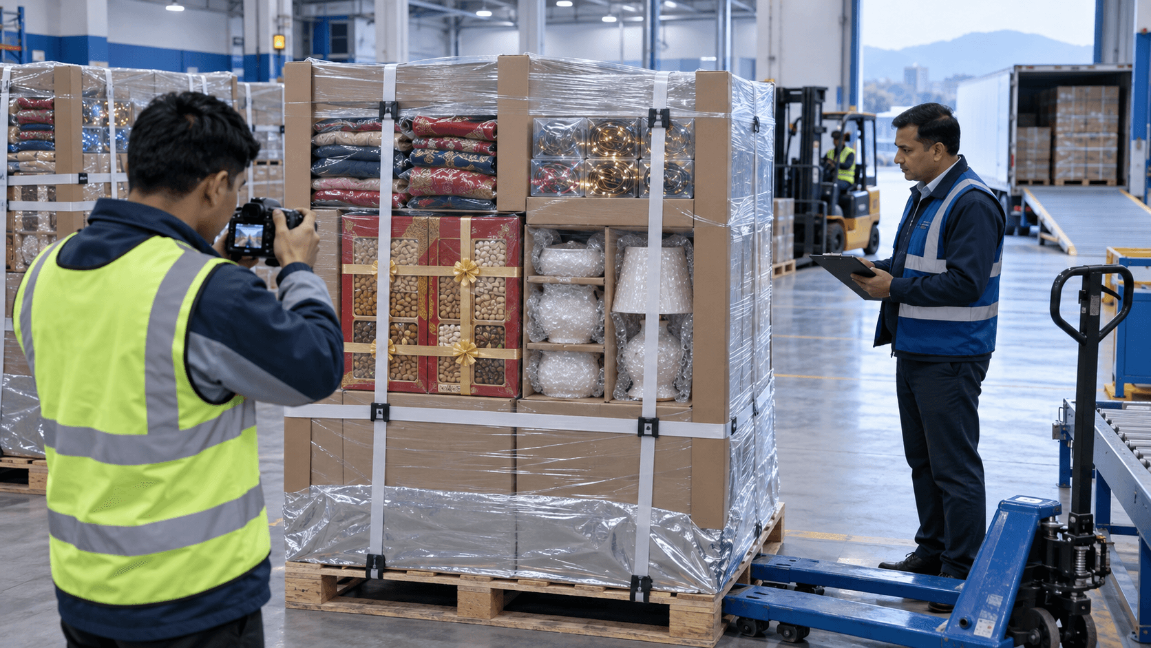 Festival retail cartons protected with pallets moisture barriers corner guards and secure wrapping