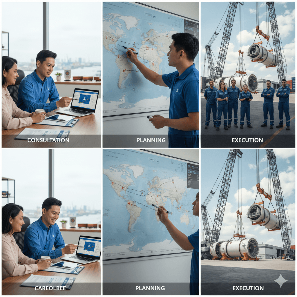 Sea Sky Cargo team planning and executing a complex logistics route from office desk to project site.
