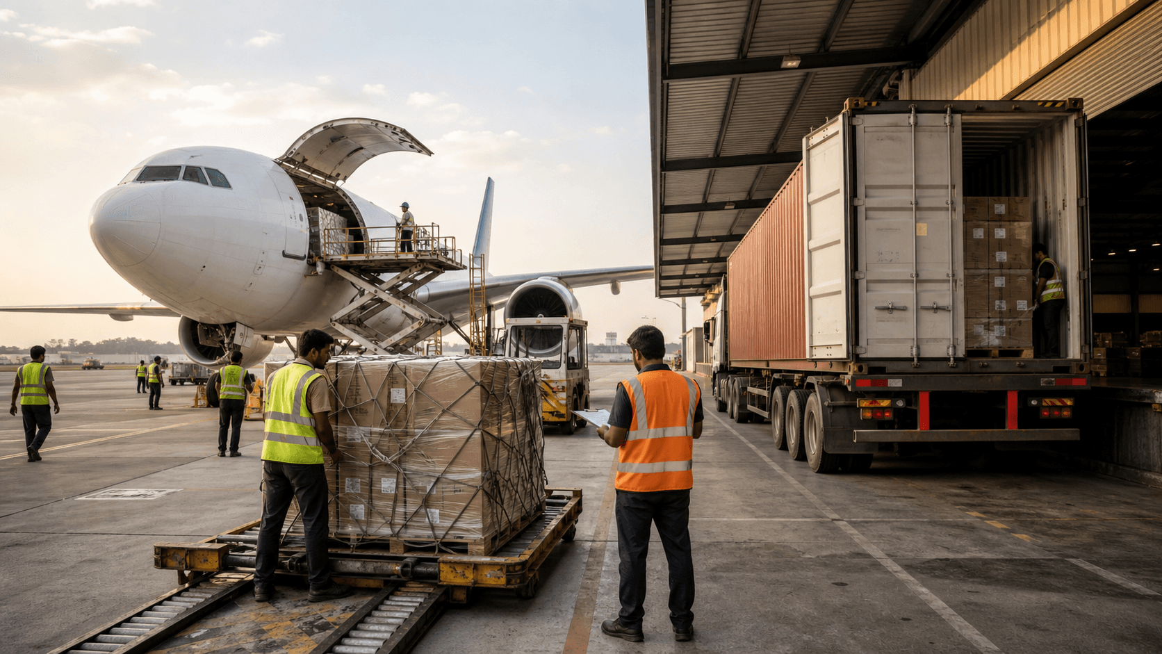 Air cargo aircraft and cross-border freight truck representing speed and regional flexibility
