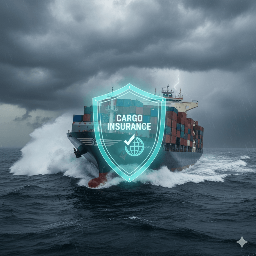 Cargo ship safeguarded by marine freight insurance coverage.