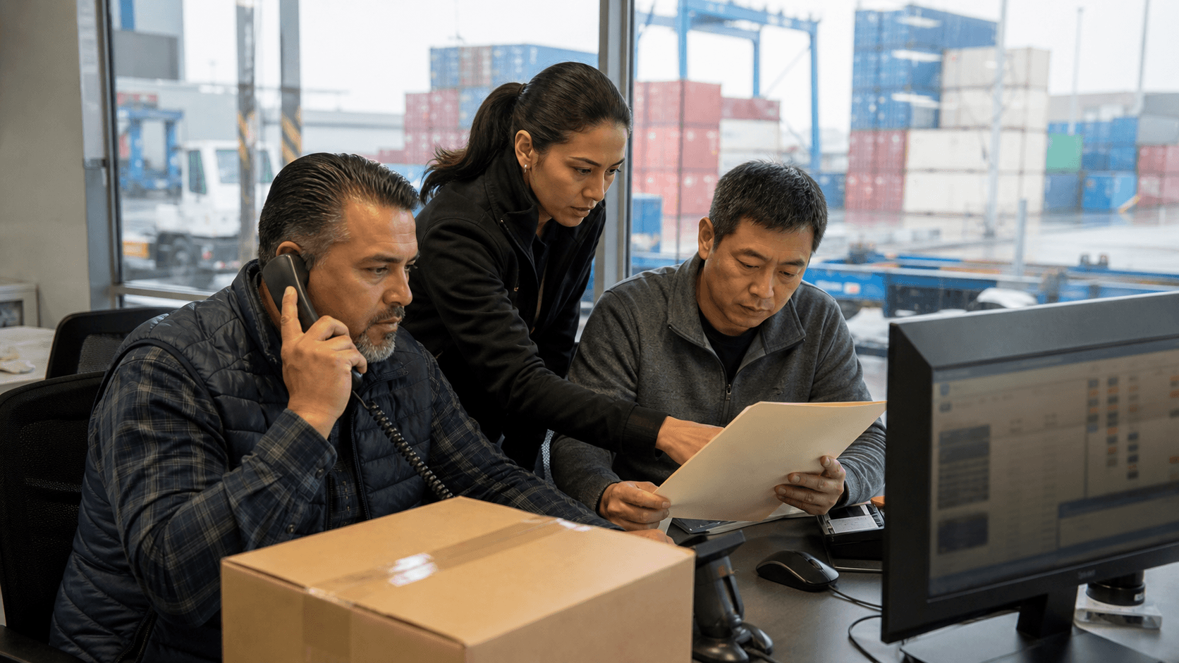 Logistics team resolving a document hold for Nepal cargo at a Los Angeles terminal