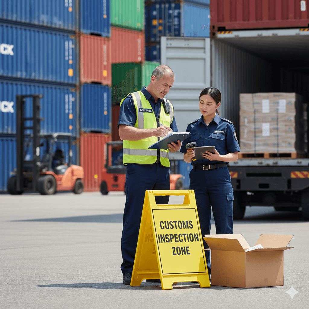 Customs inspectors examining cargo and paperwork for a shipment flagged for additional checks.