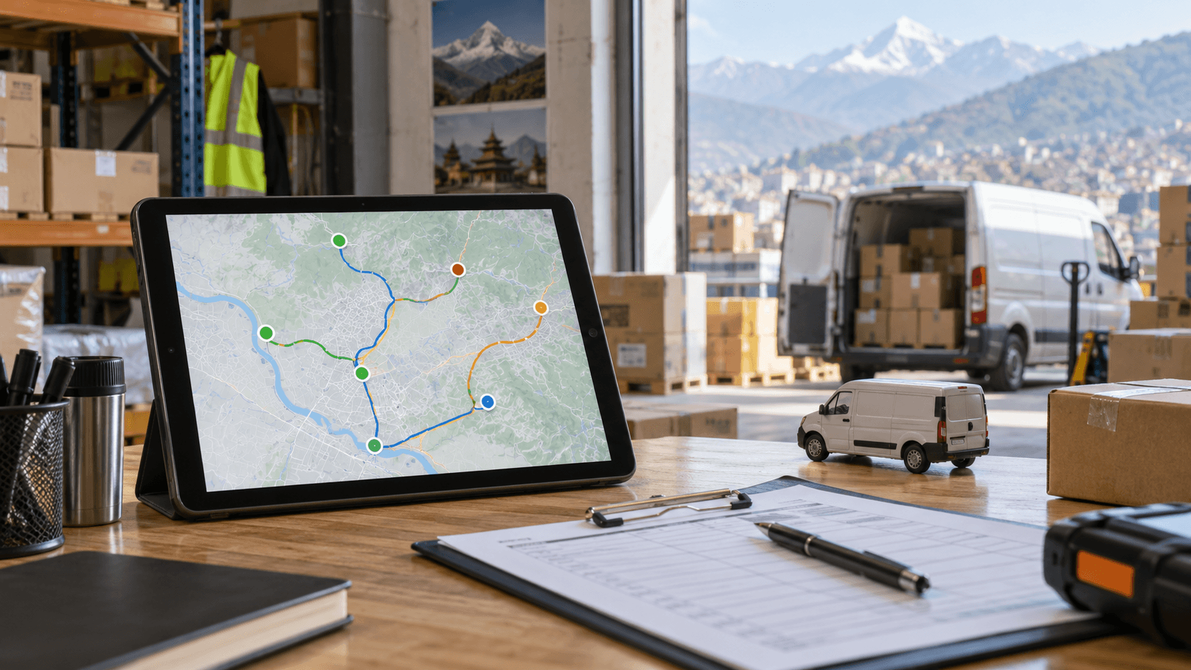 Tablet with an abstract route map and status markers beside a dispatch checklist and cargo van model