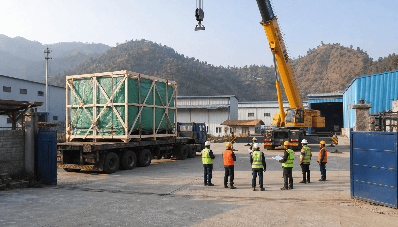 Industrial site team preparing a crane and stable area to unload a high bed trailer