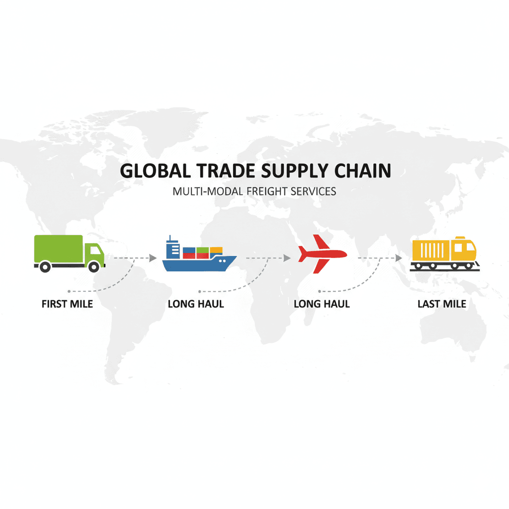 Visual showing the blend of multi-modal freight services in global trade.