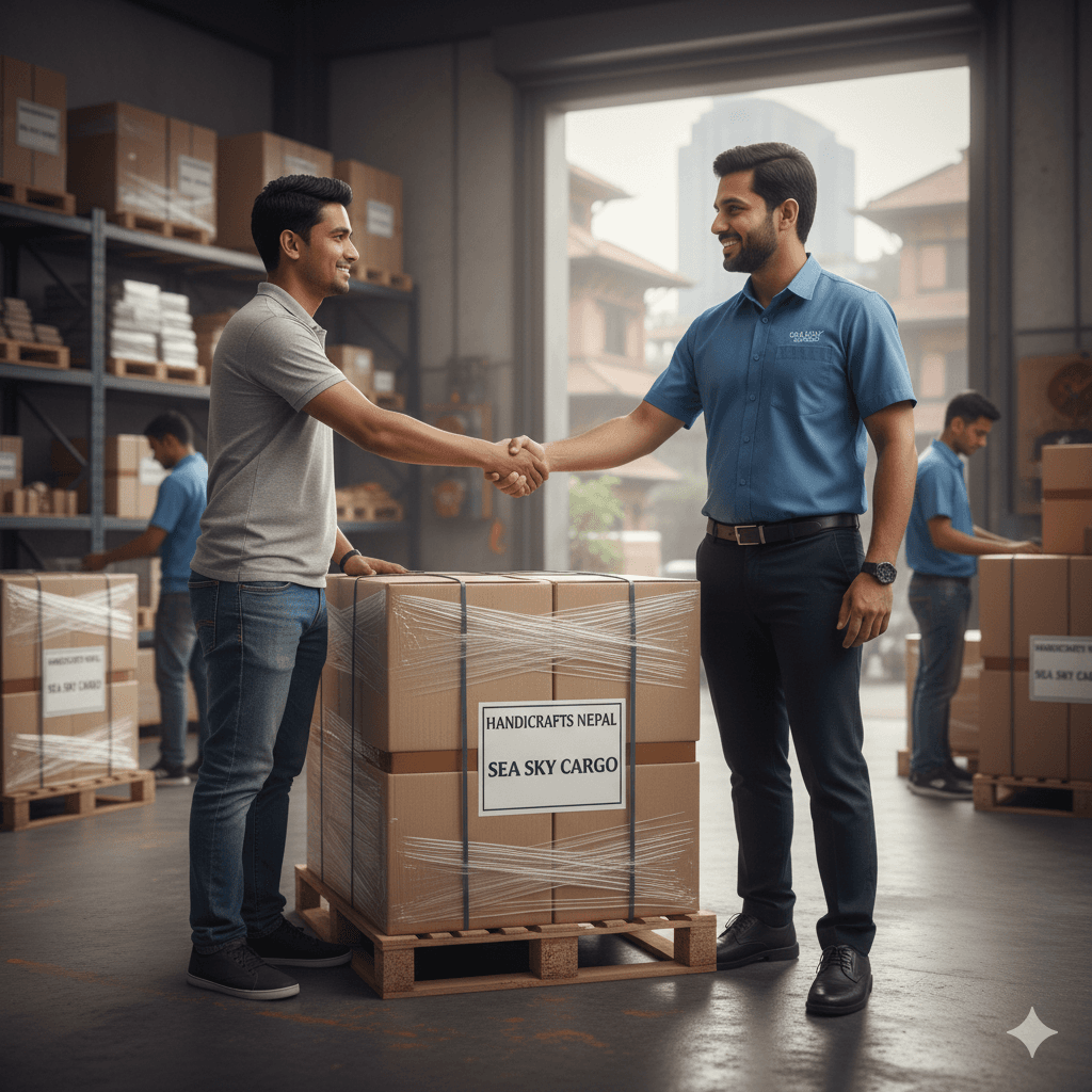 Nepali exporter confirming a cargo booking with Sea Sky in front of packed cartons.