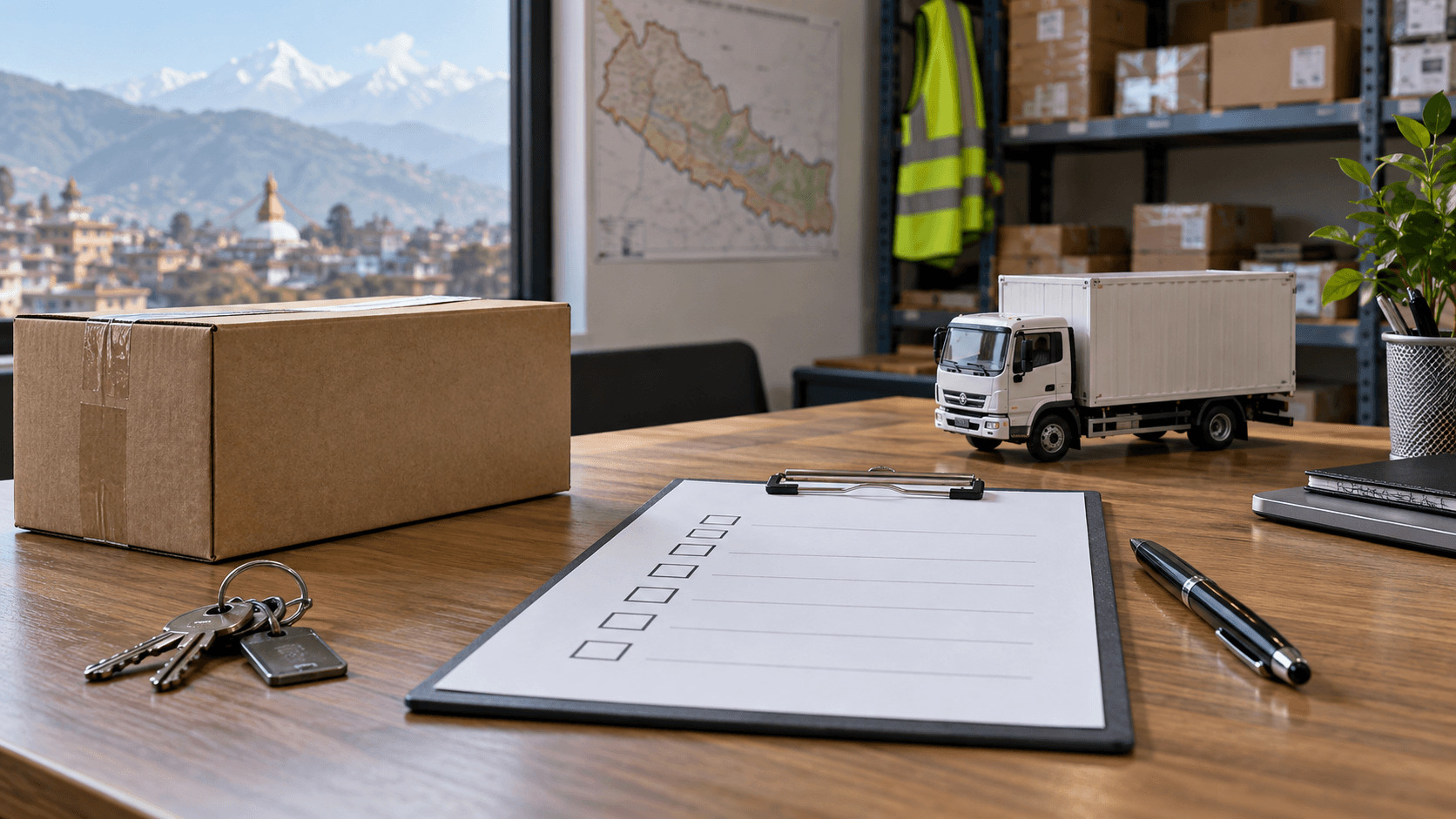 Last-mile delivery checklist, parcel, model truck and warehouse keys on a cargo office desk