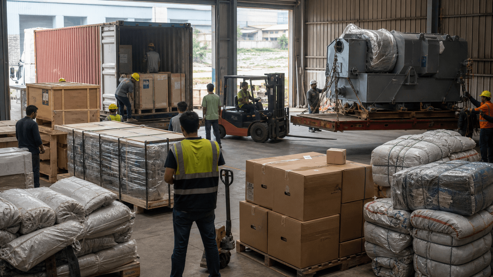 Machinery construction materials textiles and commercial cartons arriving at a Nepal warehouse