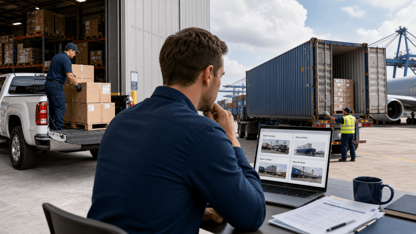 Freight planner comparing door to door and port to port cargo options for Netherlands shipping