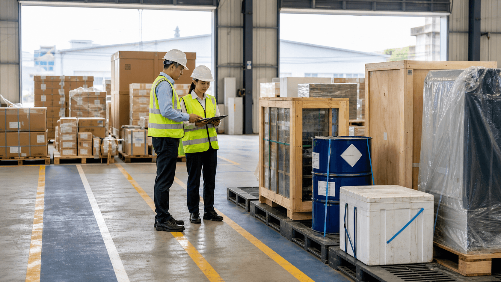 Freight team separating standard LCL pallets from fragile dangerous and oversized cargo