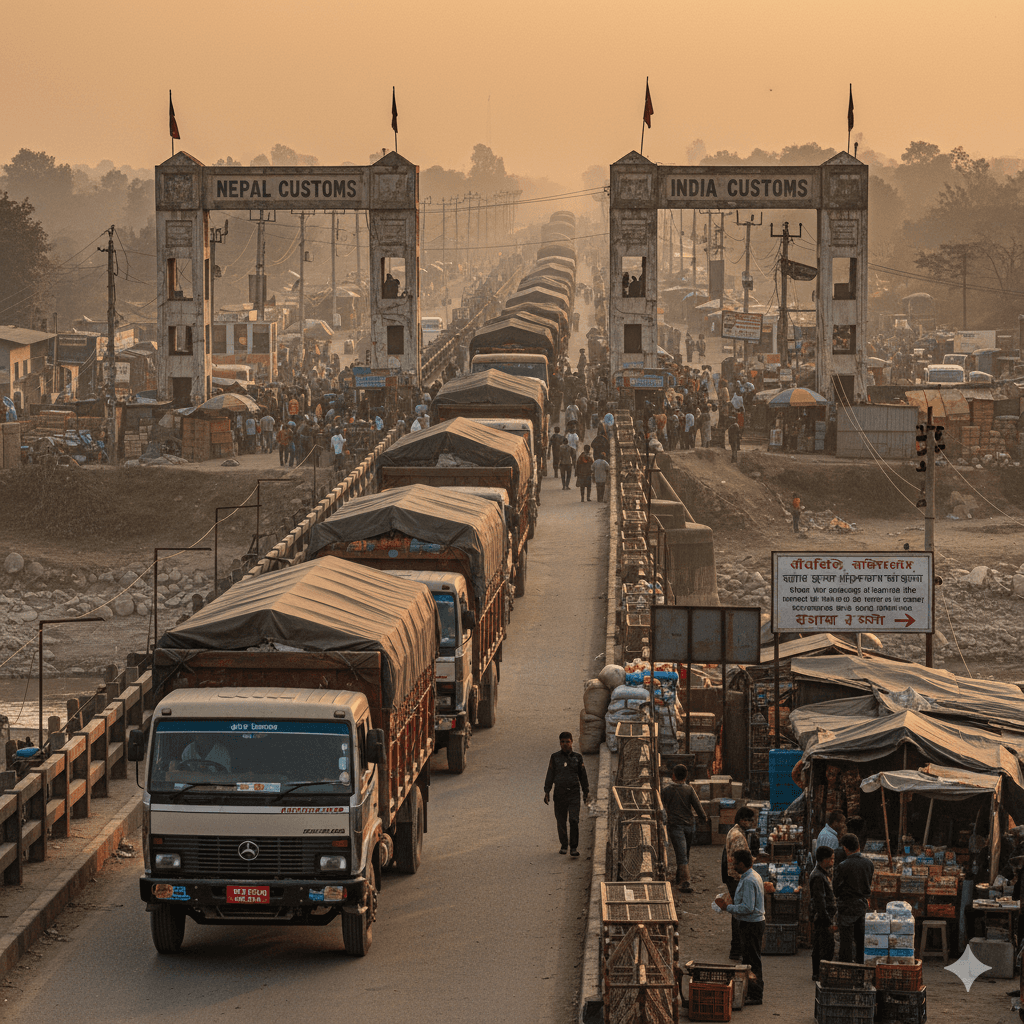 Nepalese cargo trucks at border crossing for cross-border shipment.