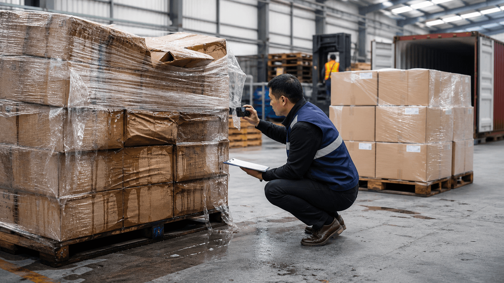 Cargo surveyor documenting water-damaged cartons and container seals after flood exposure