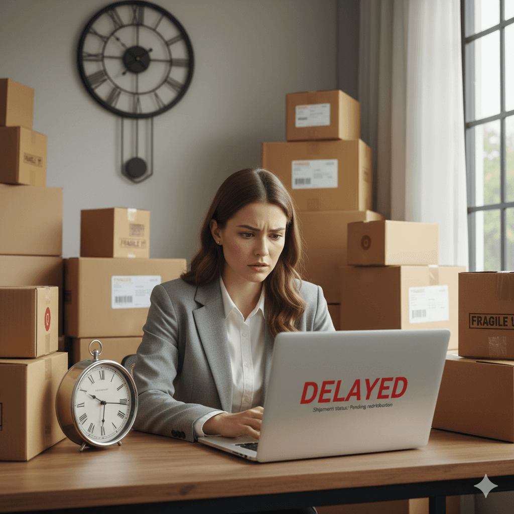 Worried shipper looking at delayed cargo notification on screen.