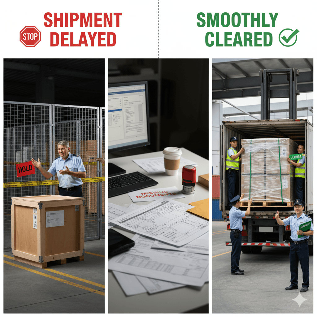 Comparison of delayed vs promptly cleared cargo at customs.