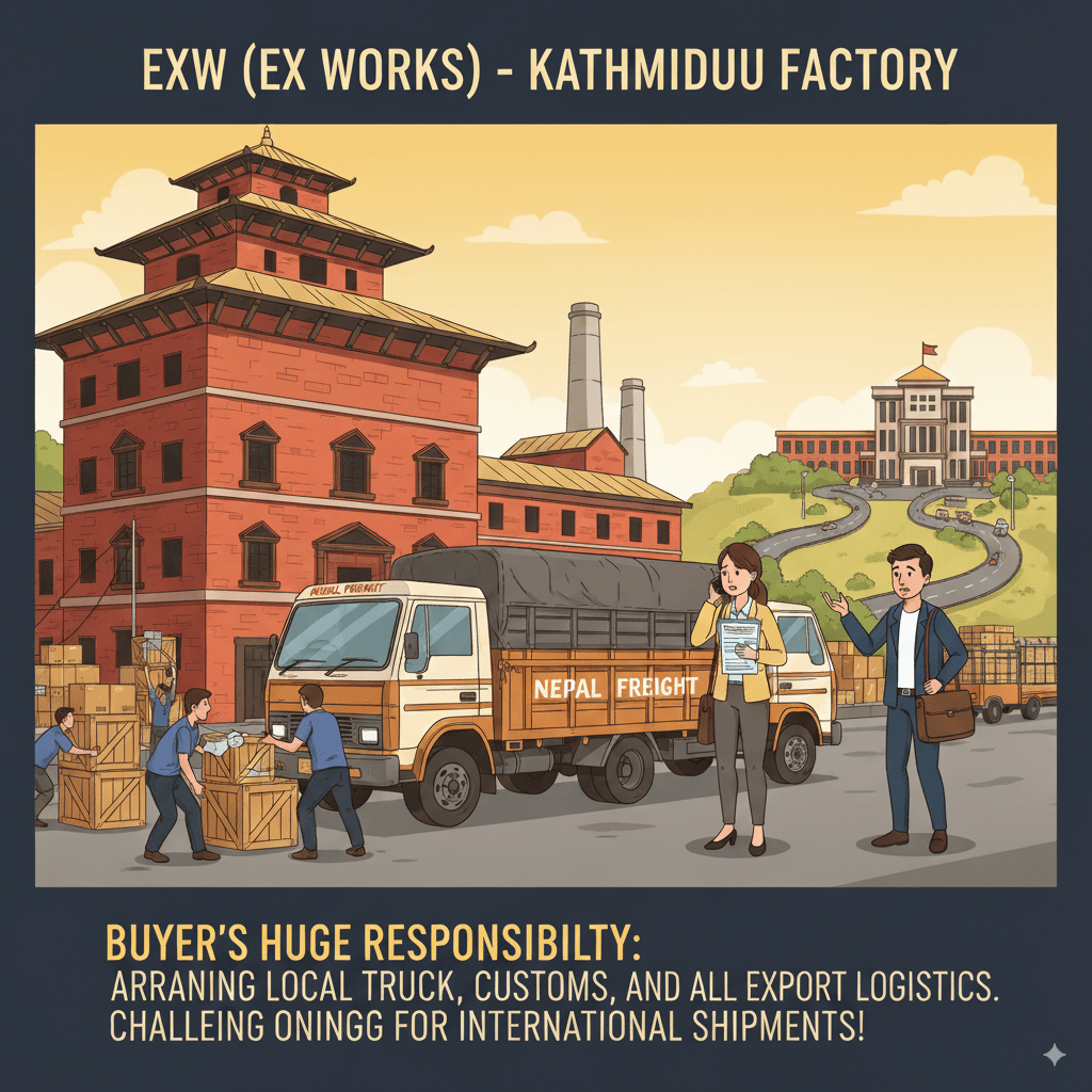 Exporter’s goods at the factory gate under EXW, with buyer’s arrangements starting there.