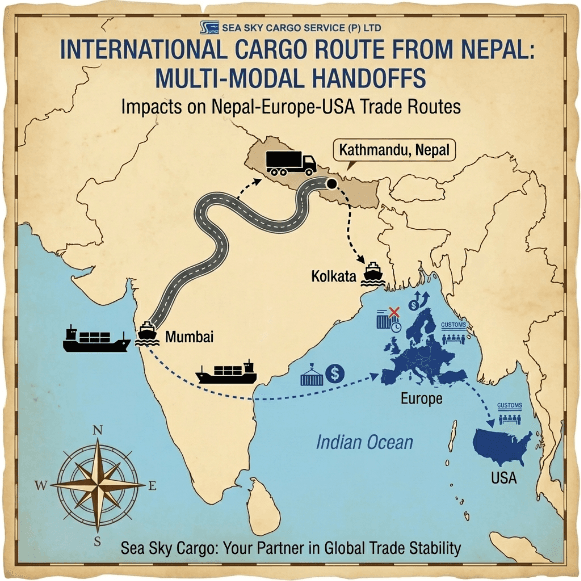 International cargo route from Nepal showing multi-modal handoffs.