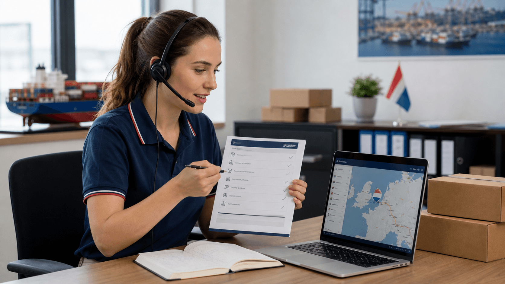 Freight support specialist answering questions about Netherlands shipping documents customs and cargo routes