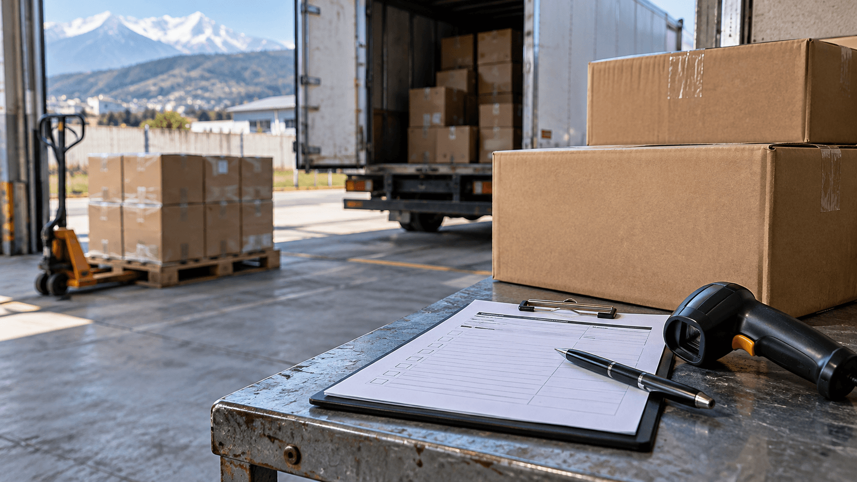 Unsigned delivery receipt, clipboard and handheld scanning device beside received cargo cartons