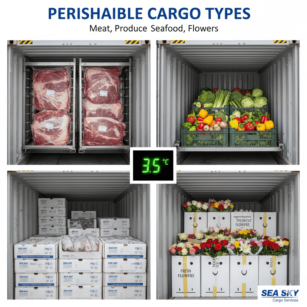 Perishable cargo types handled by Sea Sky: meat, produce, seafood, flowers