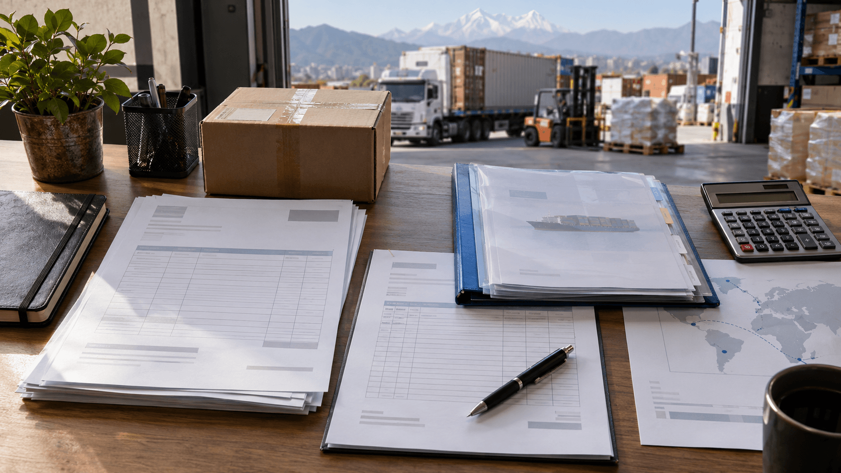 Organized commercial invoice, packing list and shipping document file beside cargo cartons