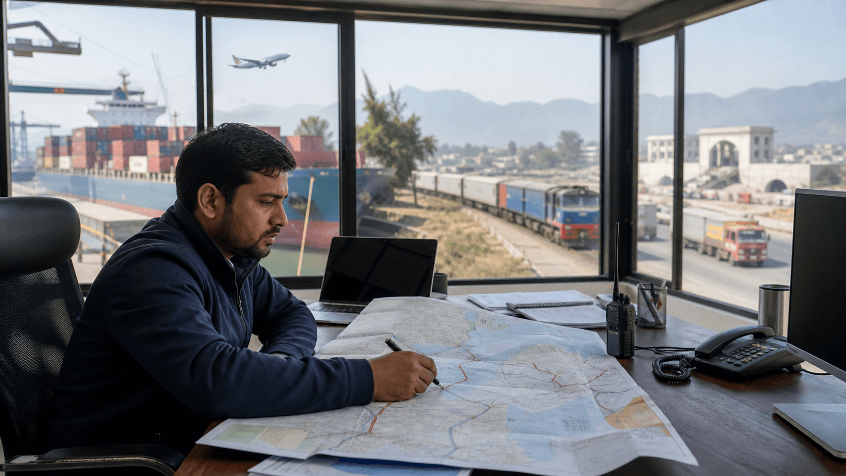 Freight coordinator mapping air, road, sea and rail handoffs on a cross-border trade lane