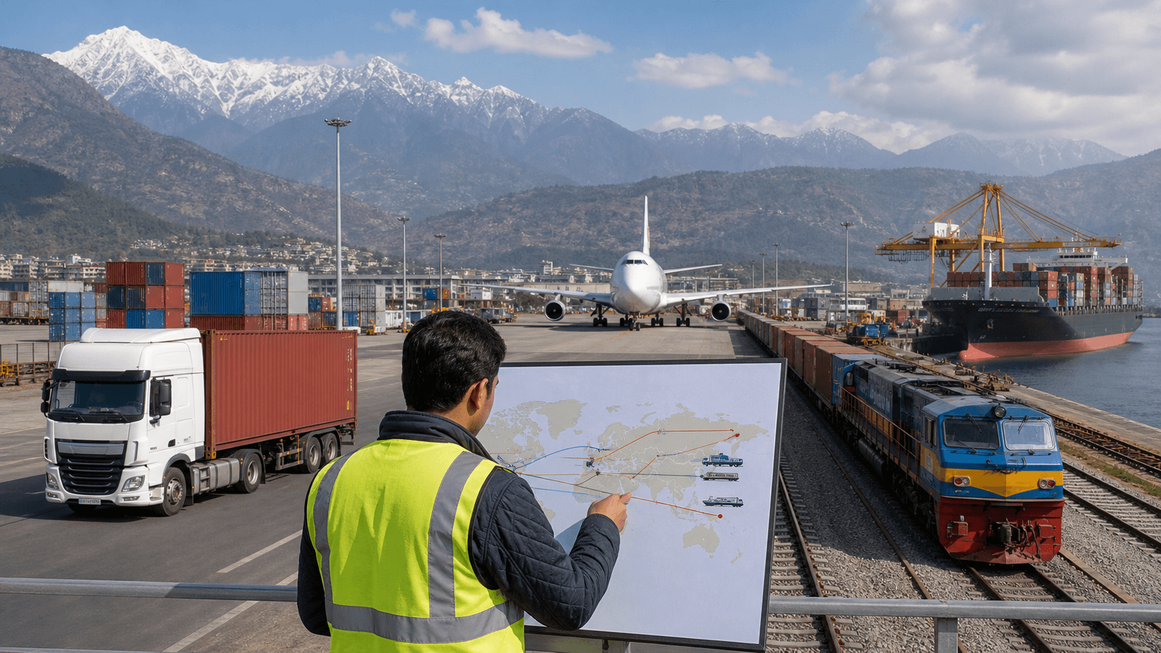 Freight planner comparing aircraft truck ship and rail routes for Nepal-linked business cargo