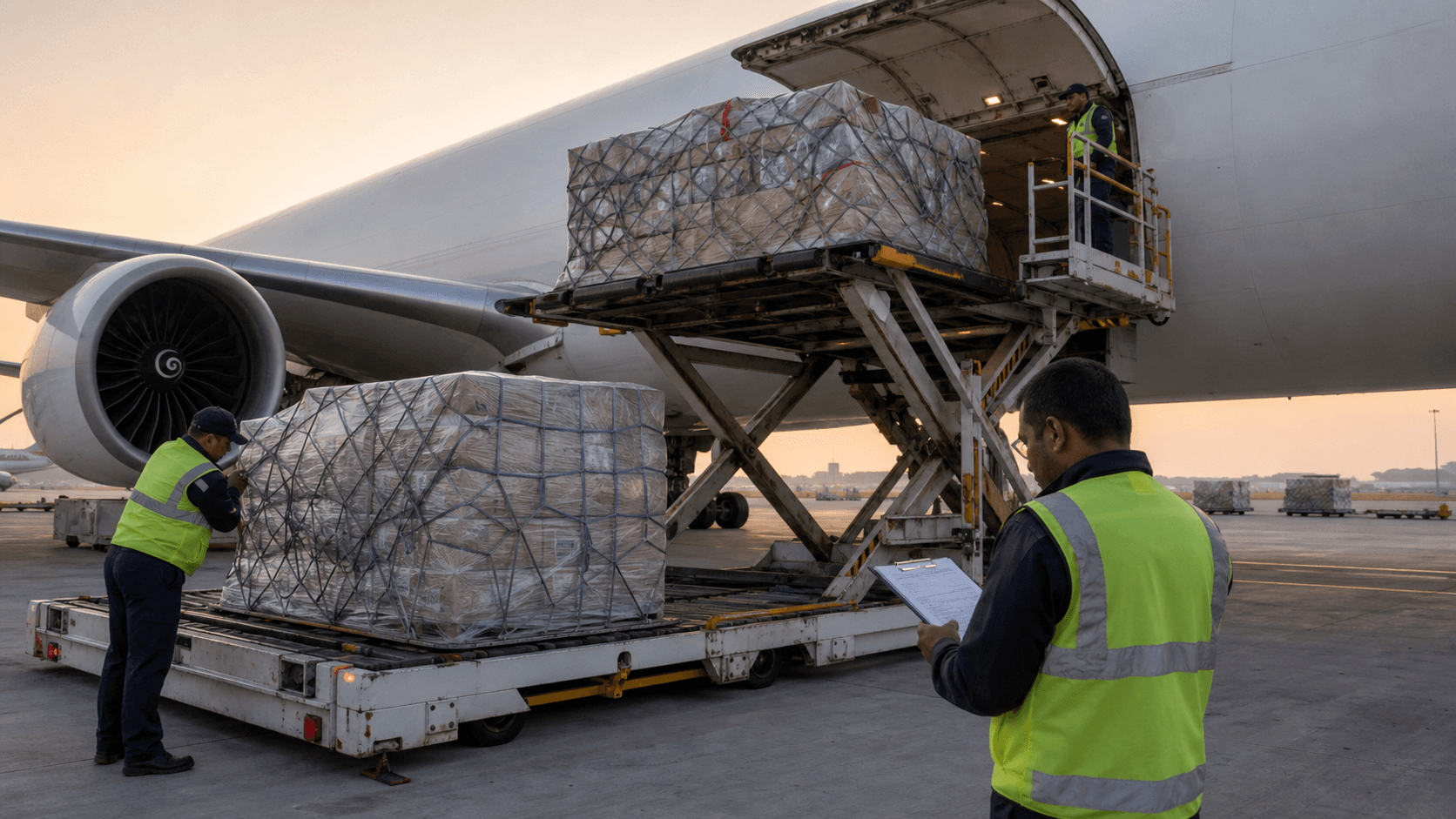 Ground crew loading netted commercial cargo pallets into a freighter aircraft in Dubai