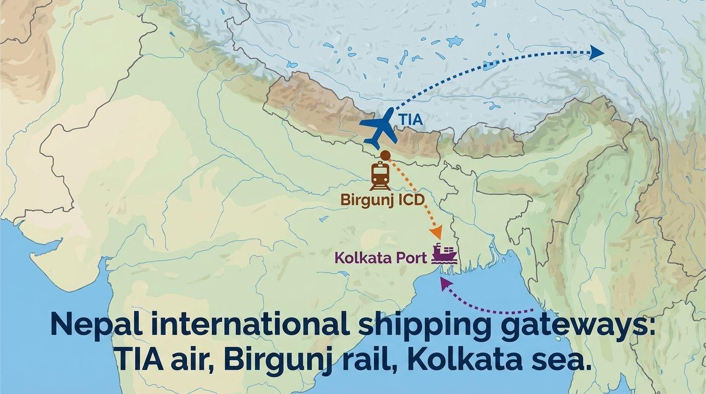 Nepal international shipping gateways: TIA air, Birgunj rail, Kolkata sea.