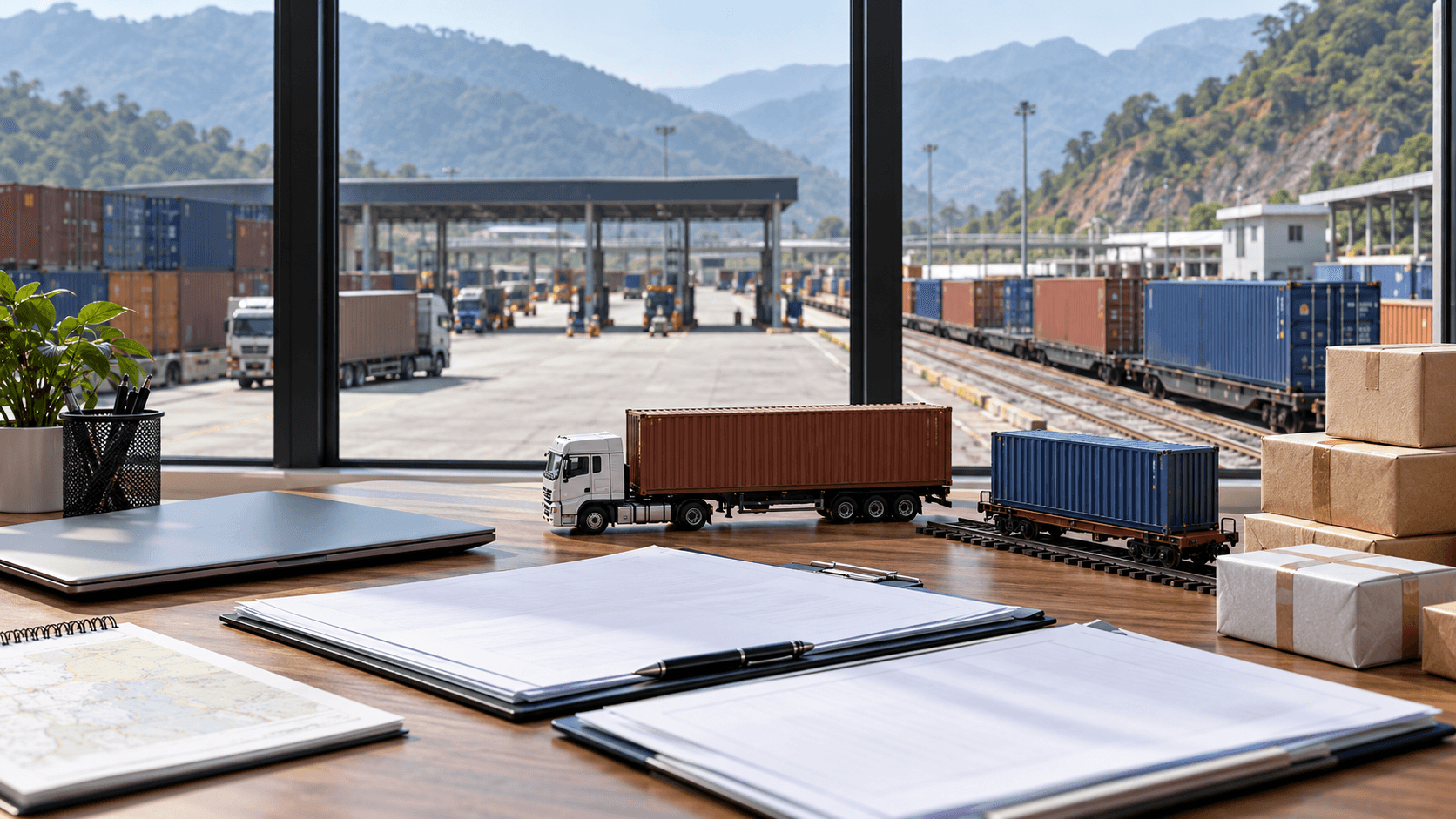 Transit route planning documents and model container vehicles on a cargo coordination desk