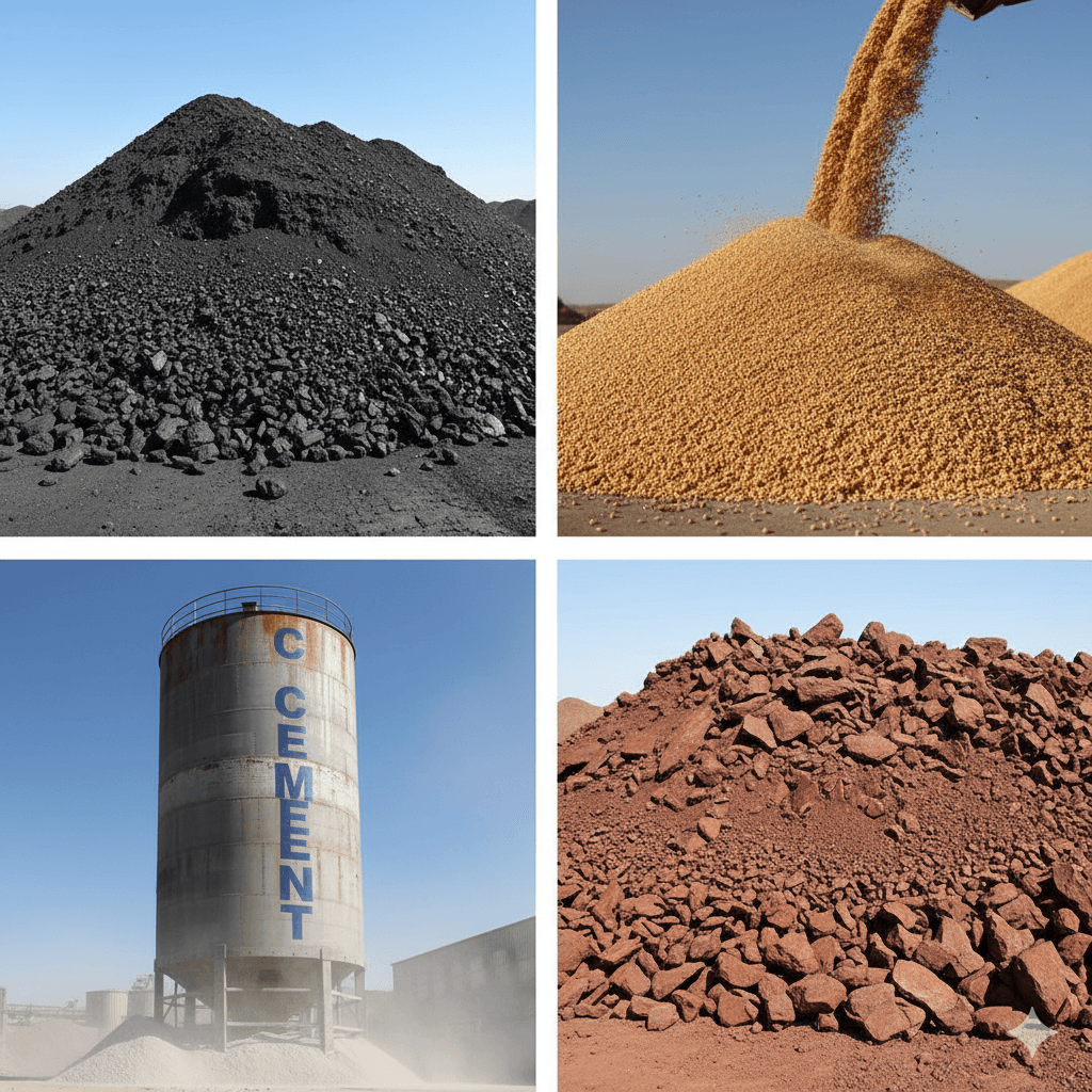 Examples of dry bulk cargo including coal, grain, cement, and iron ore.