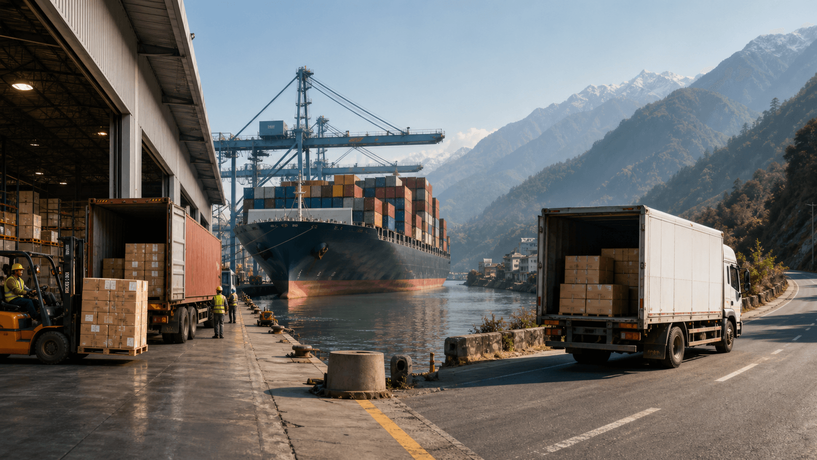 Shared LCL container moving from origin consolidation through an Indian port toward Nepal