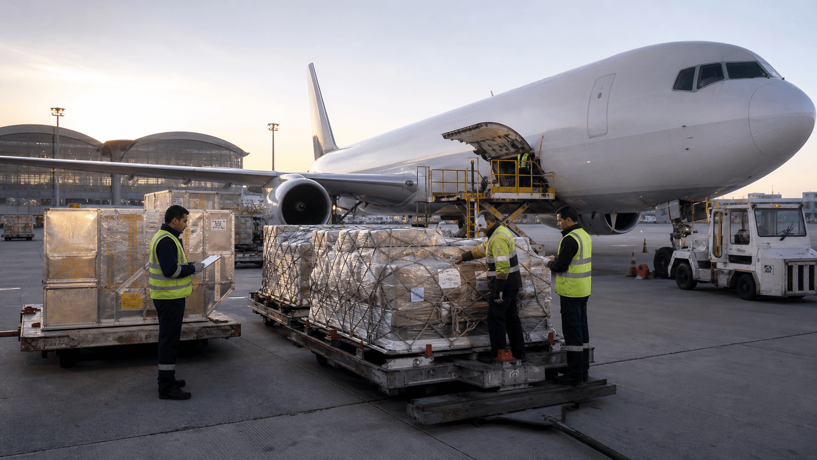 Air cargo pallets prepared for a connected flight from Nepal to Frankfurt Germany