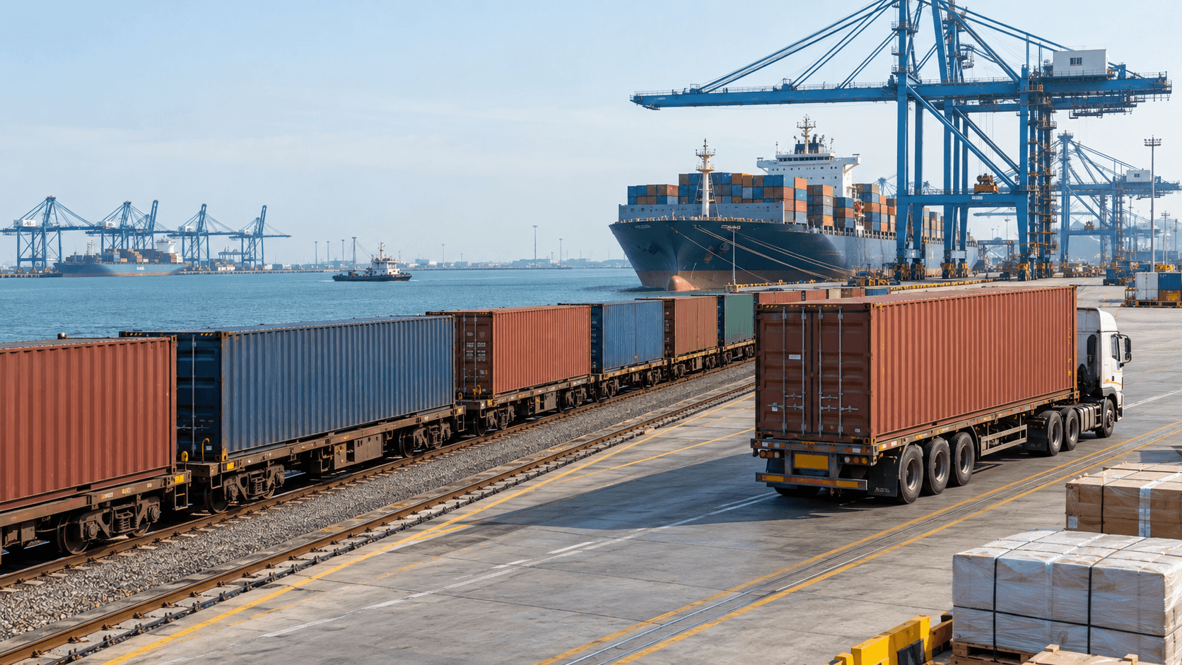 Container train and truck at a coastal Indian gateway illustrating onward inland cargo transit