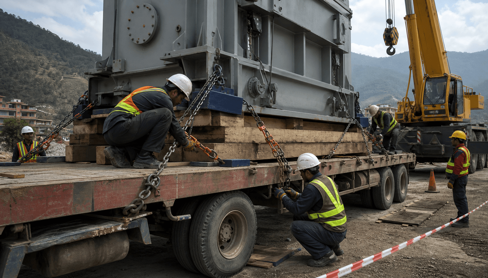 Heavy cargo crew securing machinery to a high bed trailer with rated chains