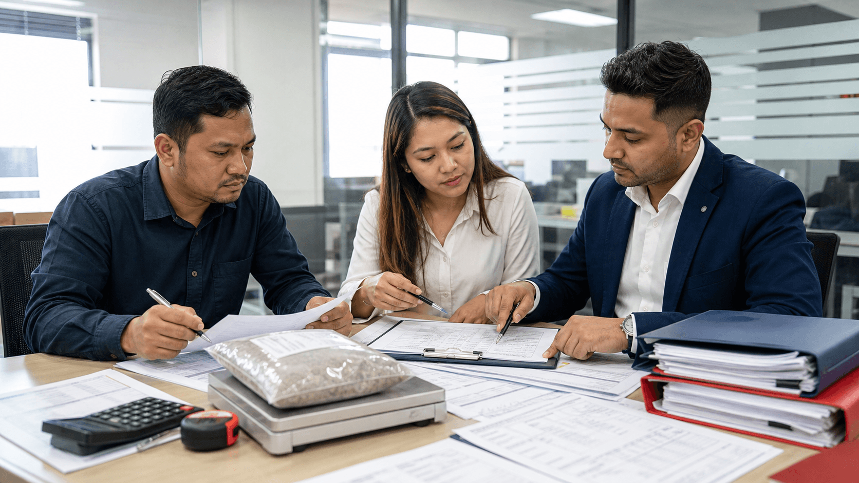 Sea Sky Cargo team reviewing LCL dimensions documents route and delivery checklist