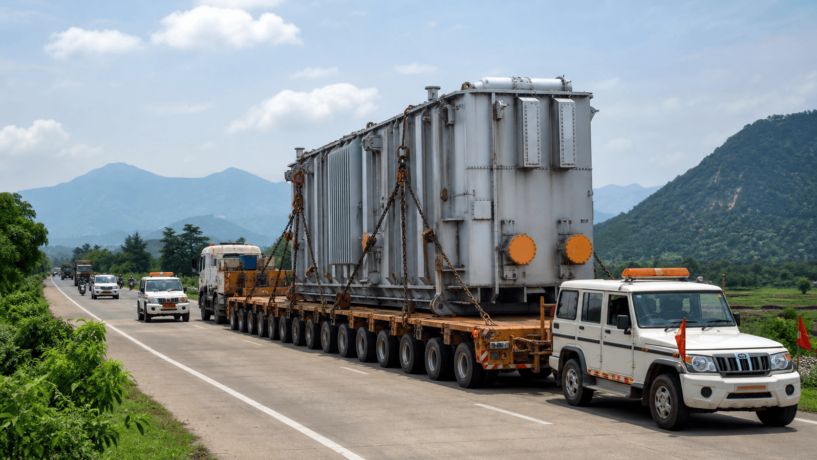 Multi-axle trailer moving oversized breakbulk cargo from an Indian port toward Nepal