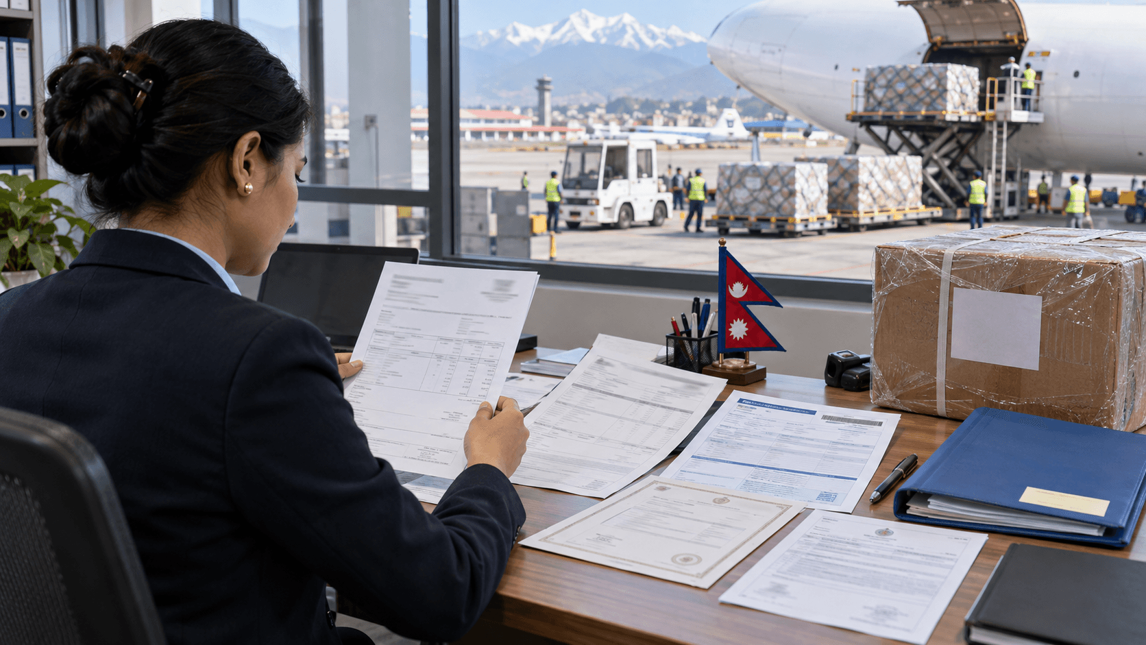 Nepal air cargo coordinator checking invoice packing list air waybill and permit documents