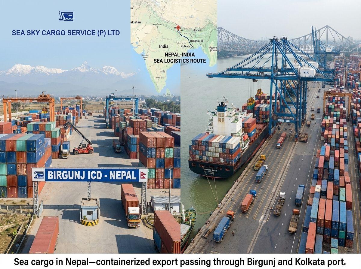 Sea cargo in Nepal—containerized export passing through Birgunj and Kolkata port.