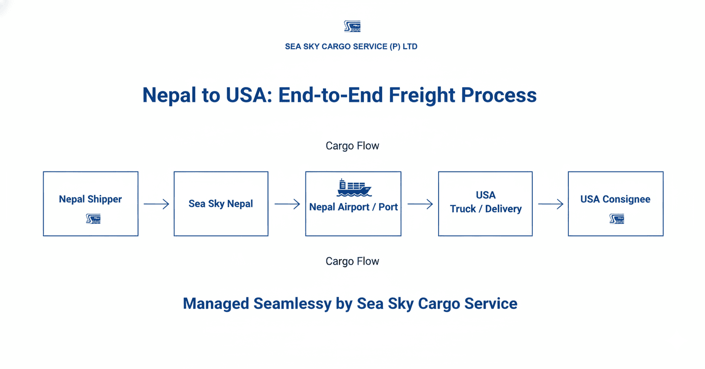 End‑to‑end freight process from Nepal to USA managed by Sea Sky Cargo.