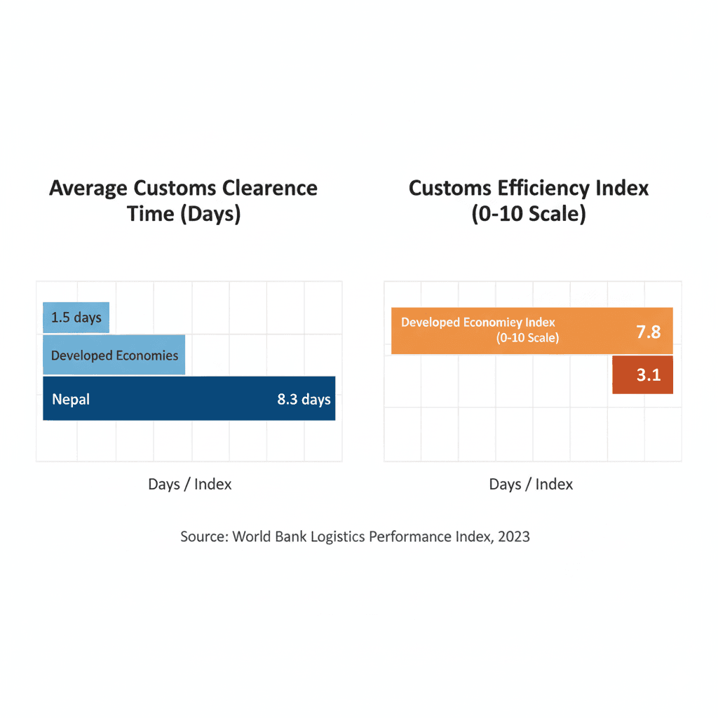 Bar chart showing longer customs clearance times and lower efficiency index scores for Nepal than for high‑income countries.
