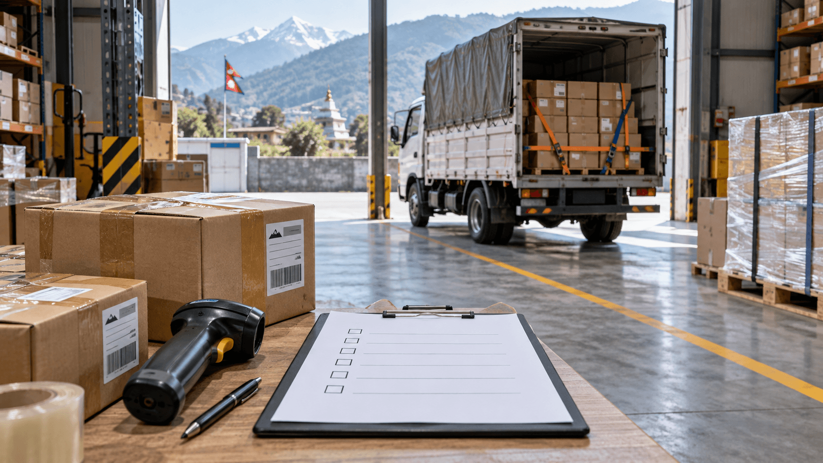 Dispatch checklist and barcode scanner beside sealed cartons and a secured cargo truck