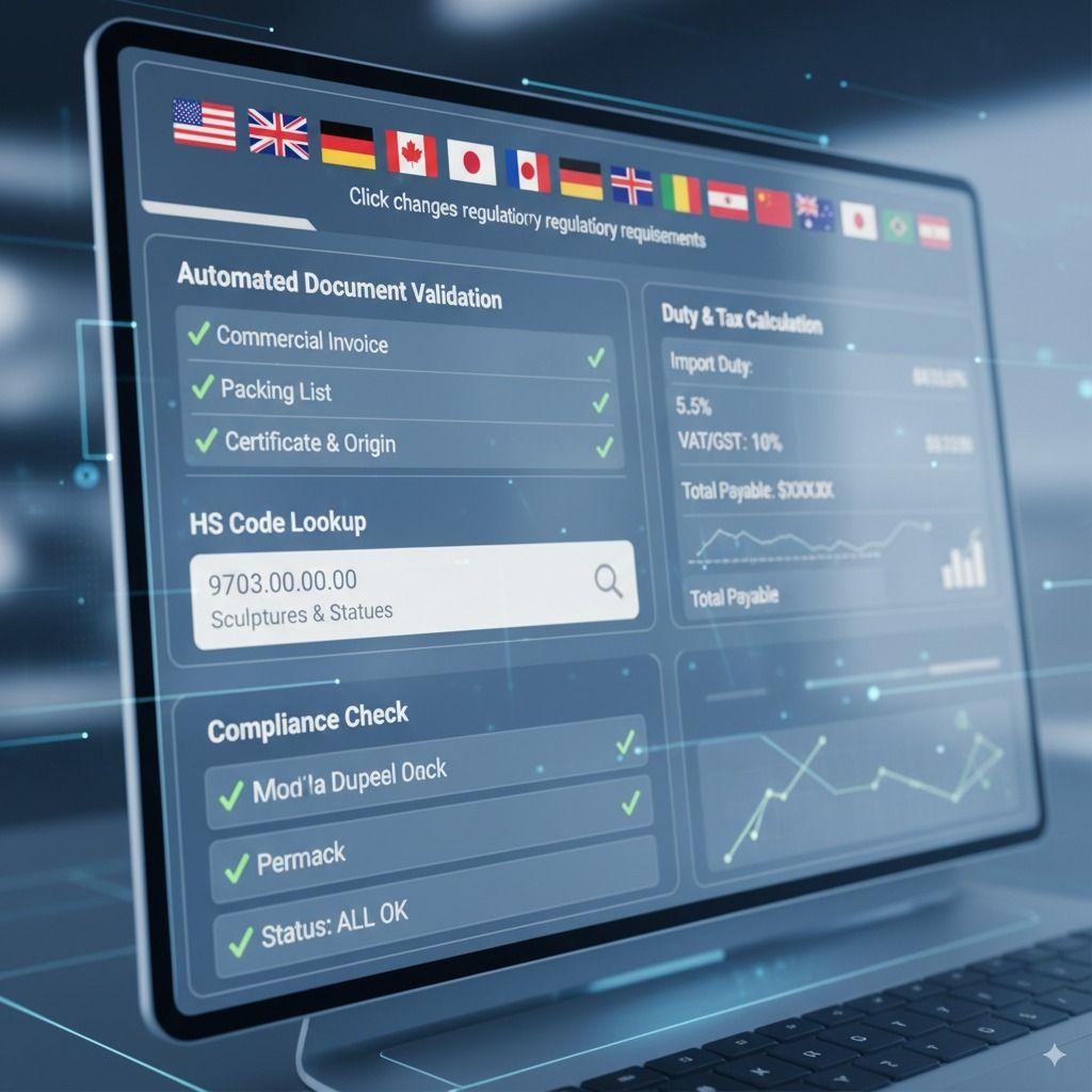 Automated customs clearance software interface displaying compliance validation for multiple countries.