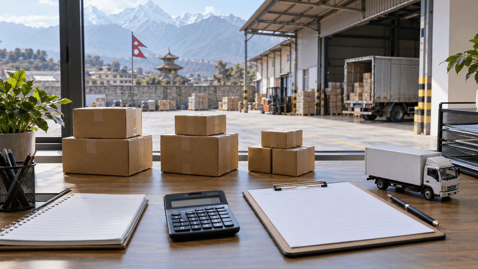 Calculator, quotation sheets and parcel groups on a desk overlooking a warehouse receiving bay