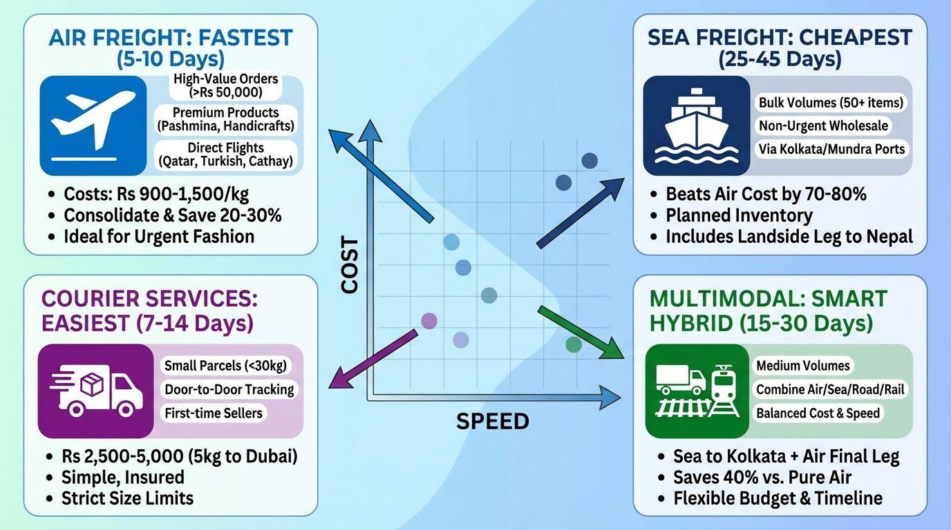 Comparison of air, sea, courier, and multimodal shipping options from Nepal.
