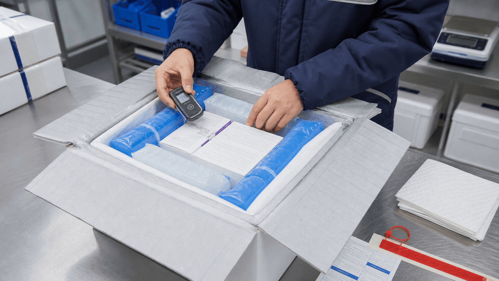 Worker packing insulated medicine boxes with gel packs and a temperature data logger