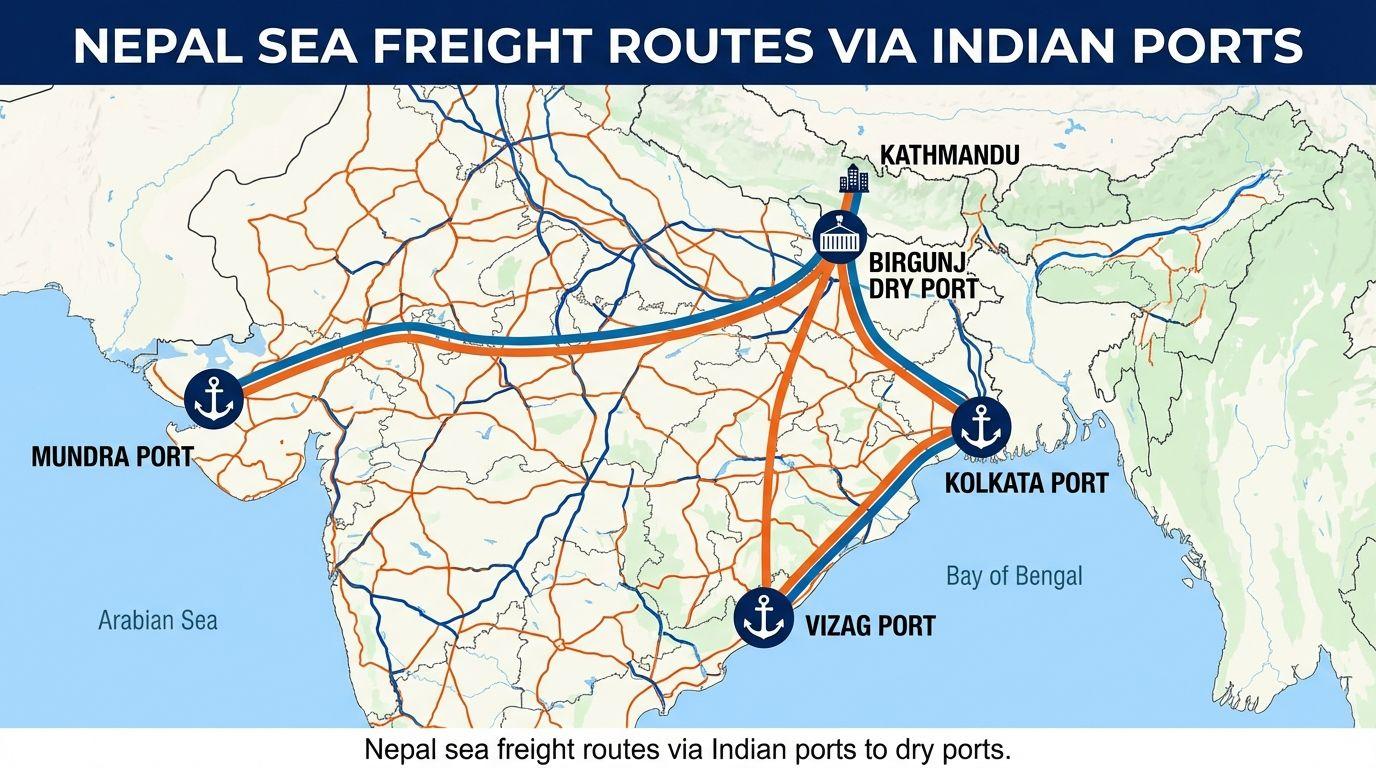 Nepal sea freight routes via Indian ports to dry ports.